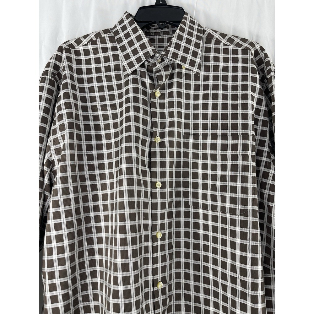 Peter Millar Shirt Mens Large Brown White Plaid Button Down Long Sleeve Stretch
